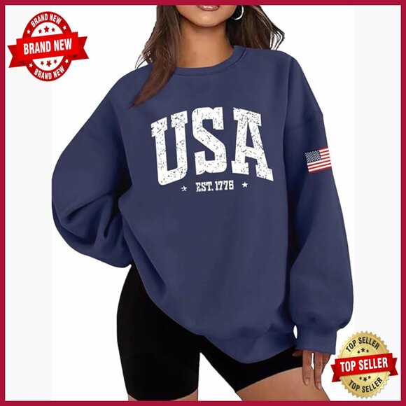 Sweaters - Oversized Fleece Crewneck Sweatshirt Long Sleeve Loose Fit Patriotic Graphic